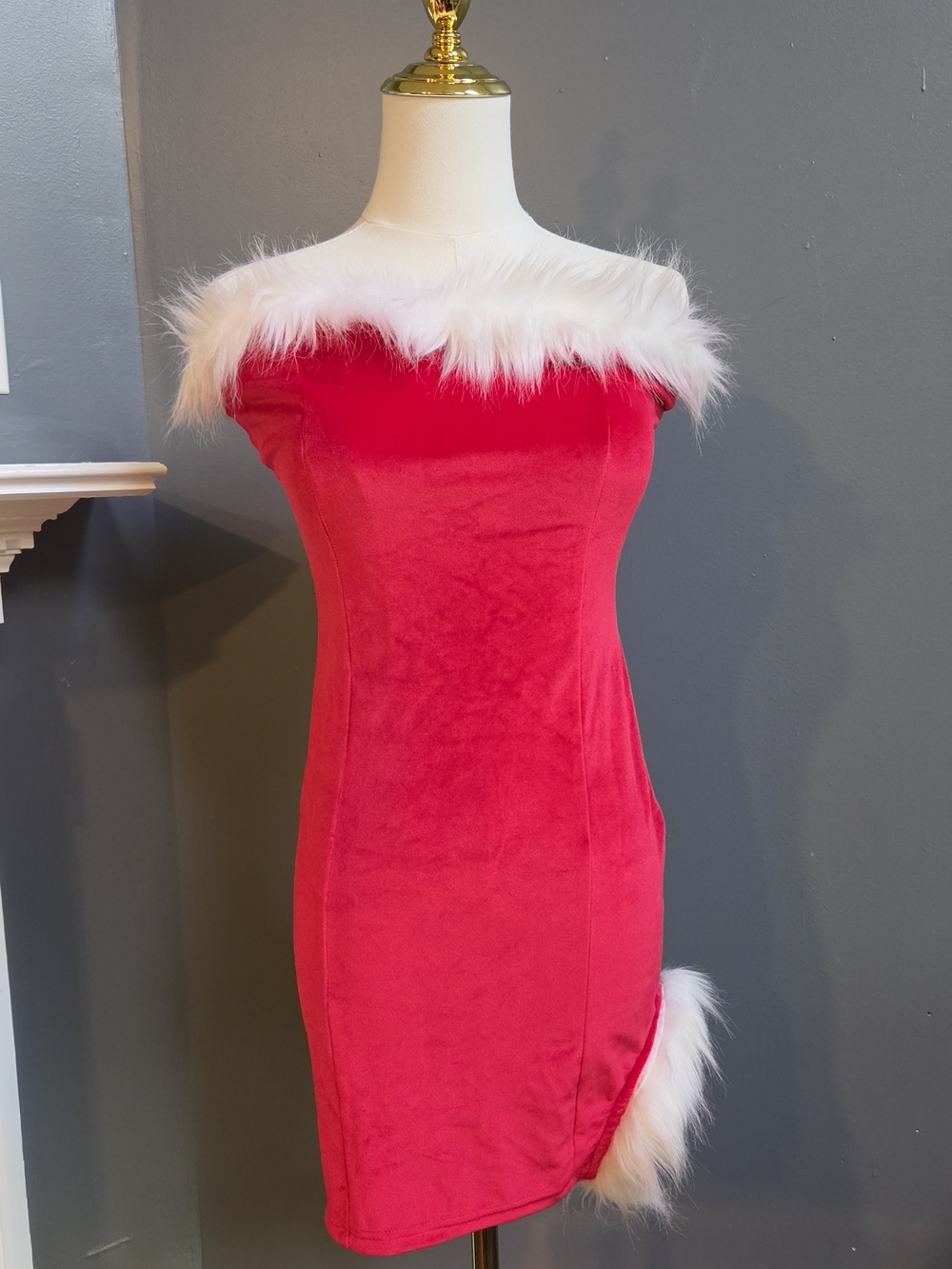 Red Faux-Fur Trim Off-Shoulder Dress